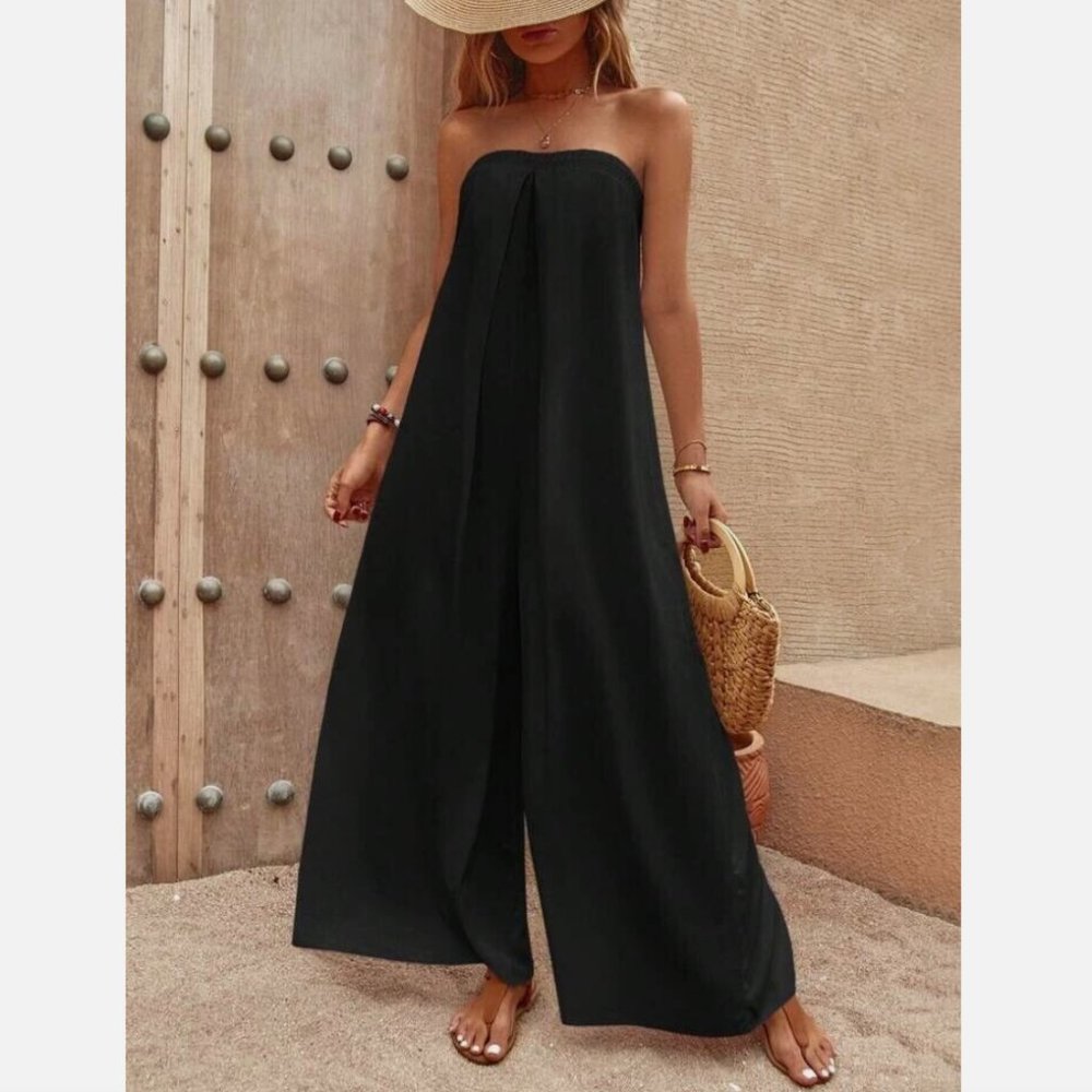 Zara Black Strapless Wide-Leg Jumpsuit